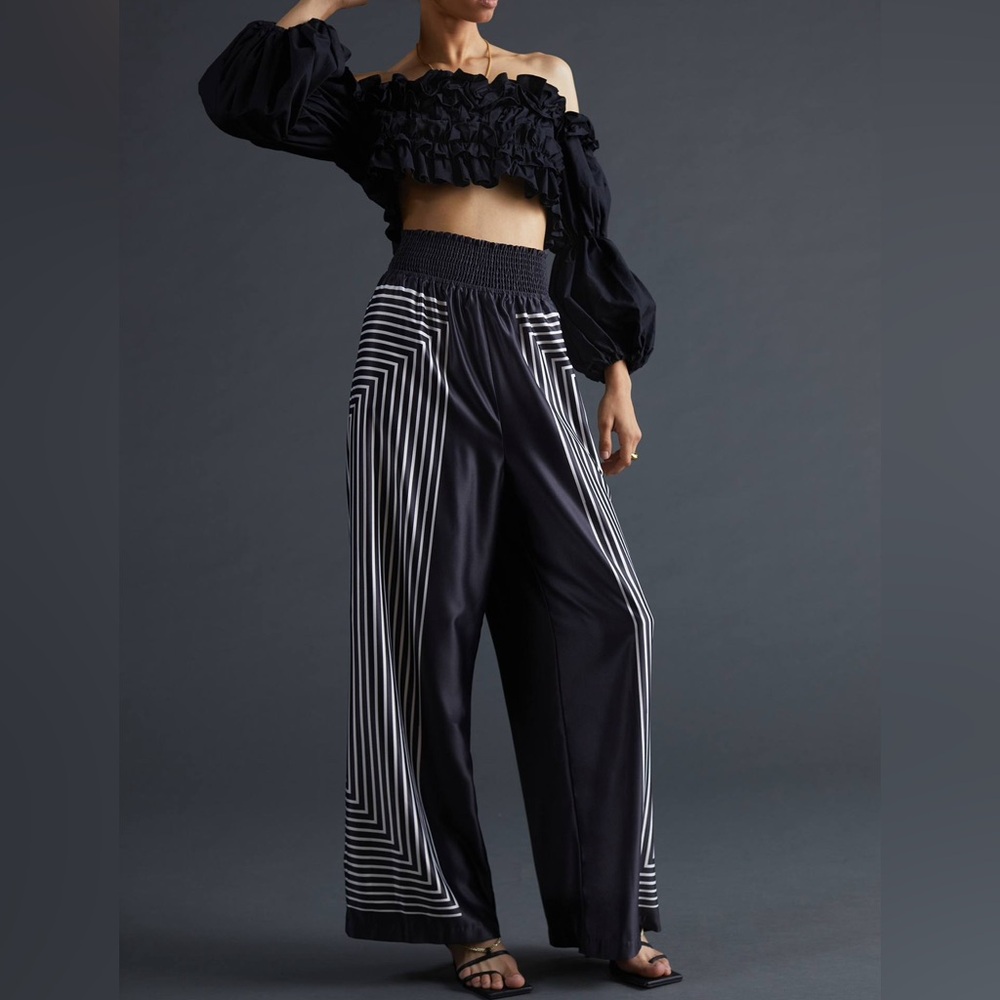 Anthropologie Hutch Geo Wide-Leg Silky Satin Navy White Stripe Pull On Pants